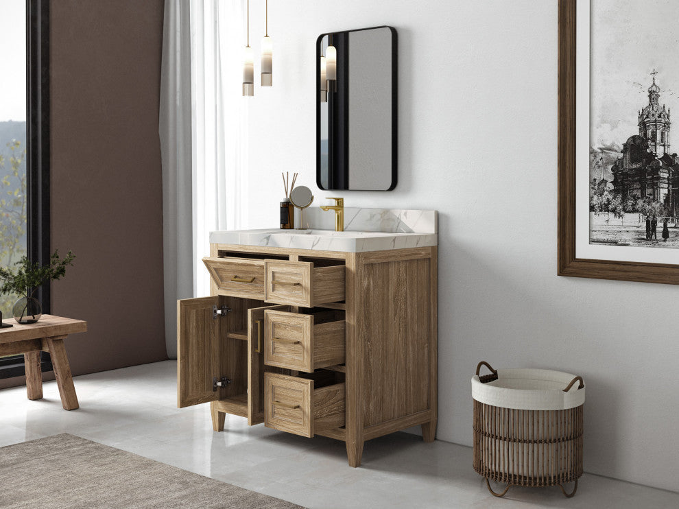 Santa Monica 36 Center Sink Bath Vanity in Whitewashed Teak 1.5" Empira Quartz