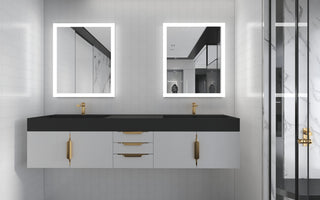 CastelloUSA Amazon 84" Wall Mounted Bathroom Vanity Set, White, Black Top, Gold Handles