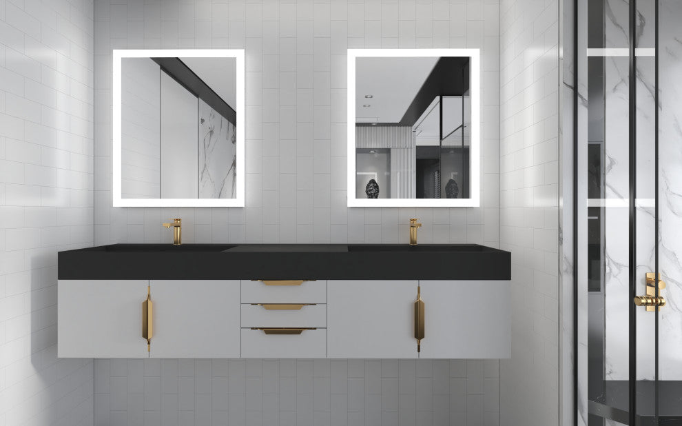 CastelloUSA Amazon 84" Wall Mounted Bathroom Vanity Set, White, Black Top, Gold Handles