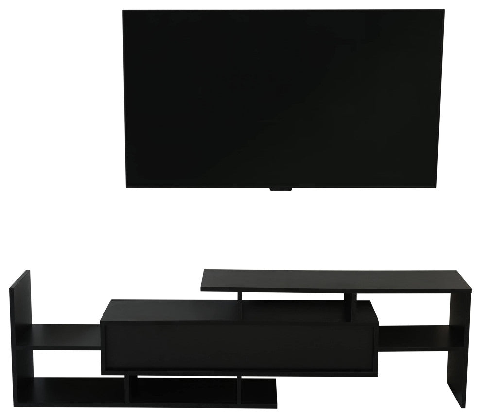 60.2'' 2 Pc 1-Drawer Floating TV Stand Media Console with Open Shelves, Ebony