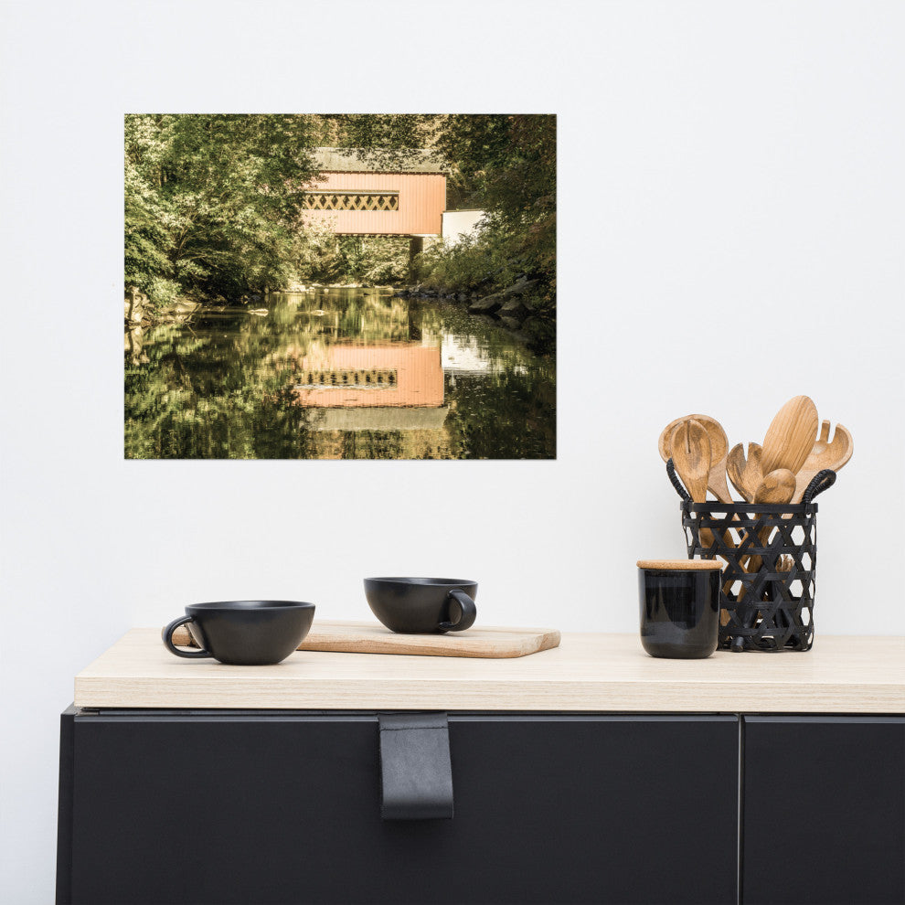 The Reflection of Wooddale Covered Bridge Aged Unframed Wall Art Print, 16" X 20"