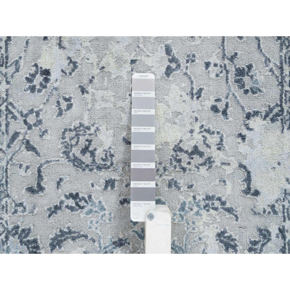 Gray Pure Silk With Wool Hand Knotted Broken Kashan Design Runner Rug, 2'9"x7'8"