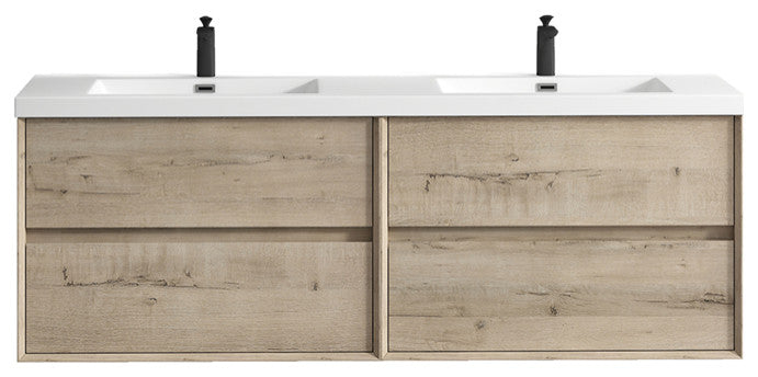 Ashley 72'' Floating Vanity, Acrylic Top, Double Sink, Light White Oak