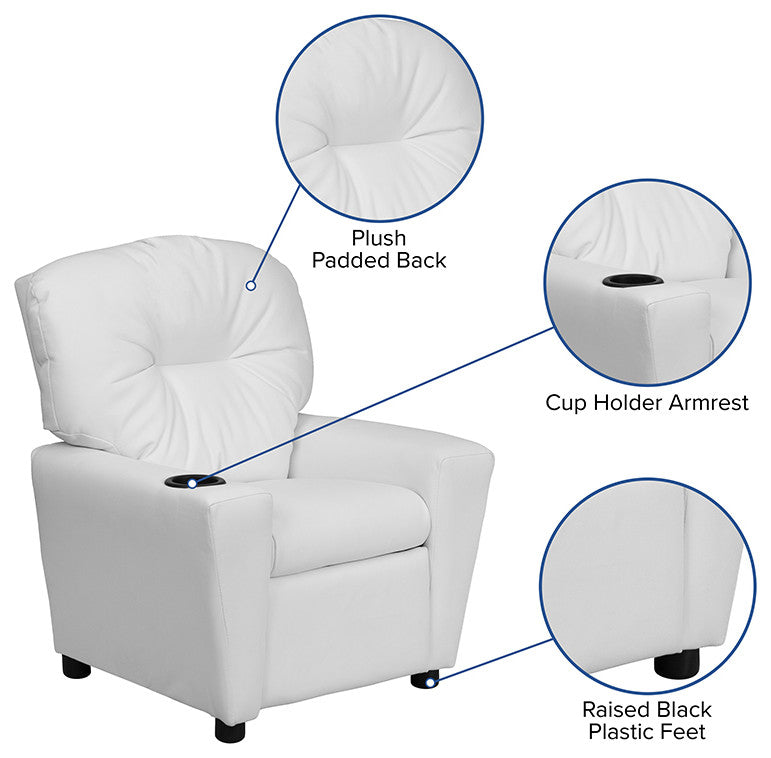 Contemporary White Vinyl Kids Recliner With Cup Holder