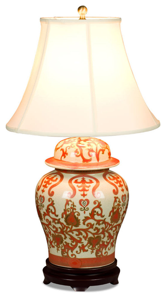 Red and Gold Floral Vine Motif Asian Temple Jar Porcelain Lamp