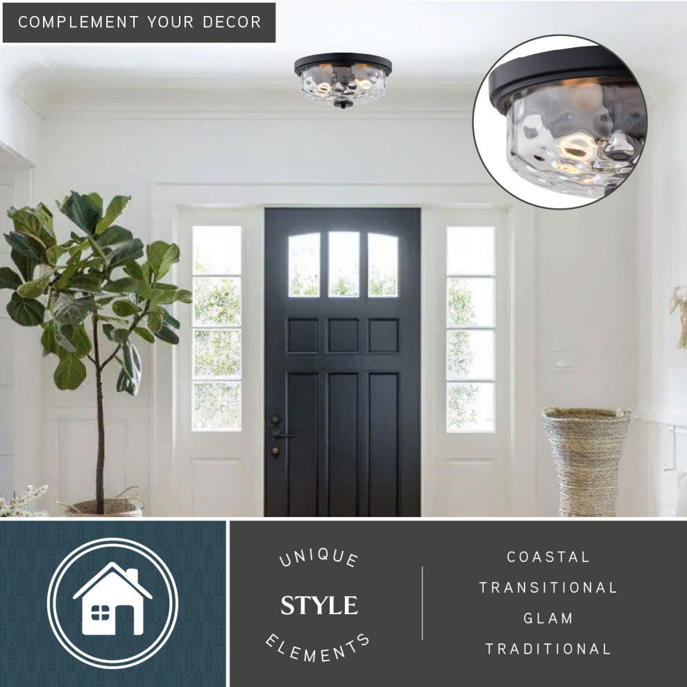 Northlake 2-Light Black Transitional Dome Flush Mount Fixture, Clear Glass Shade