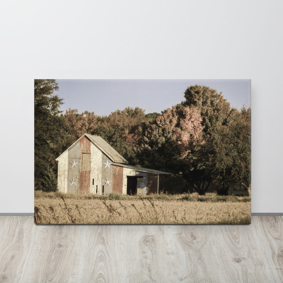 Patriotic Barn in Field Aged Rural Landscape Canvas Wall Art Print, 24" X 36"