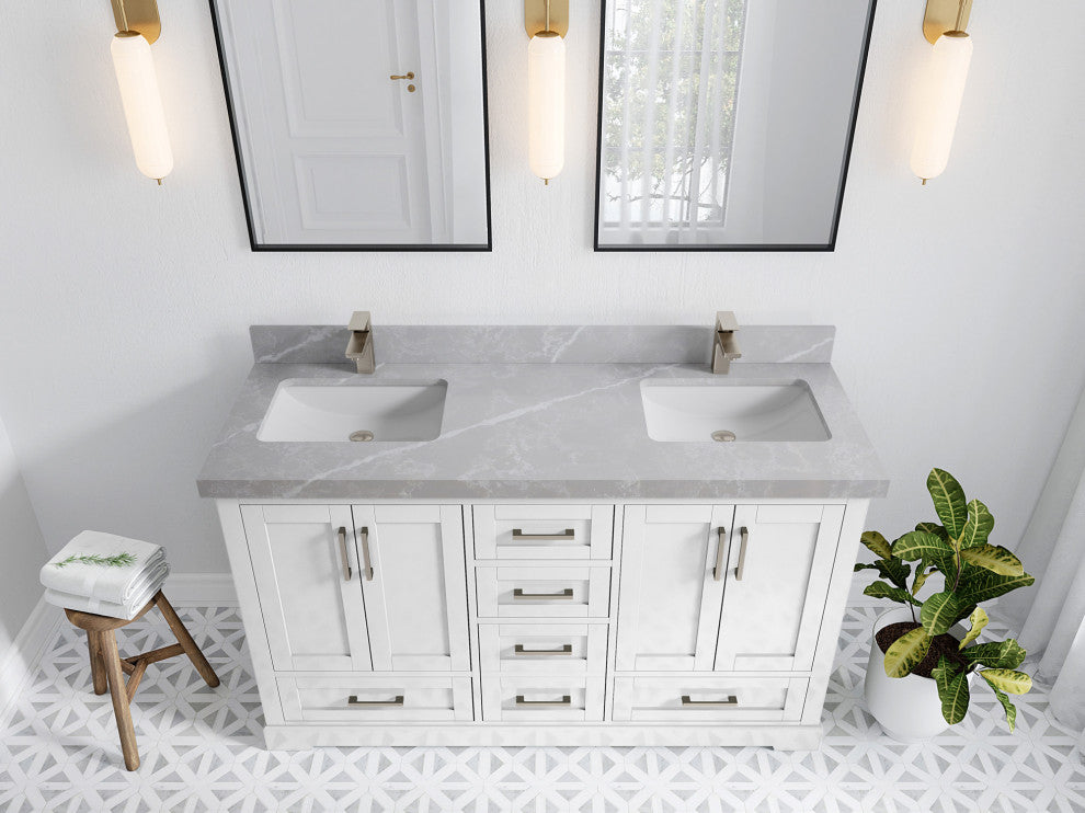 Boston 60 Double Bathroom Vanity in White 2" Pearl Gray