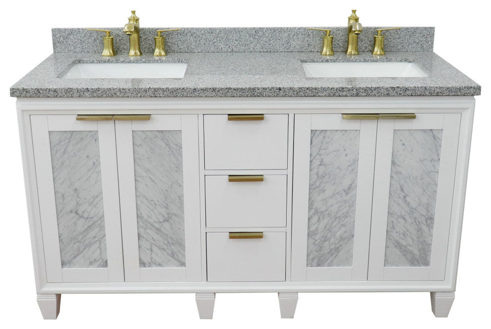 61" Double Sink Vanity, White Finish With Gray Granite And Rectangle Sink