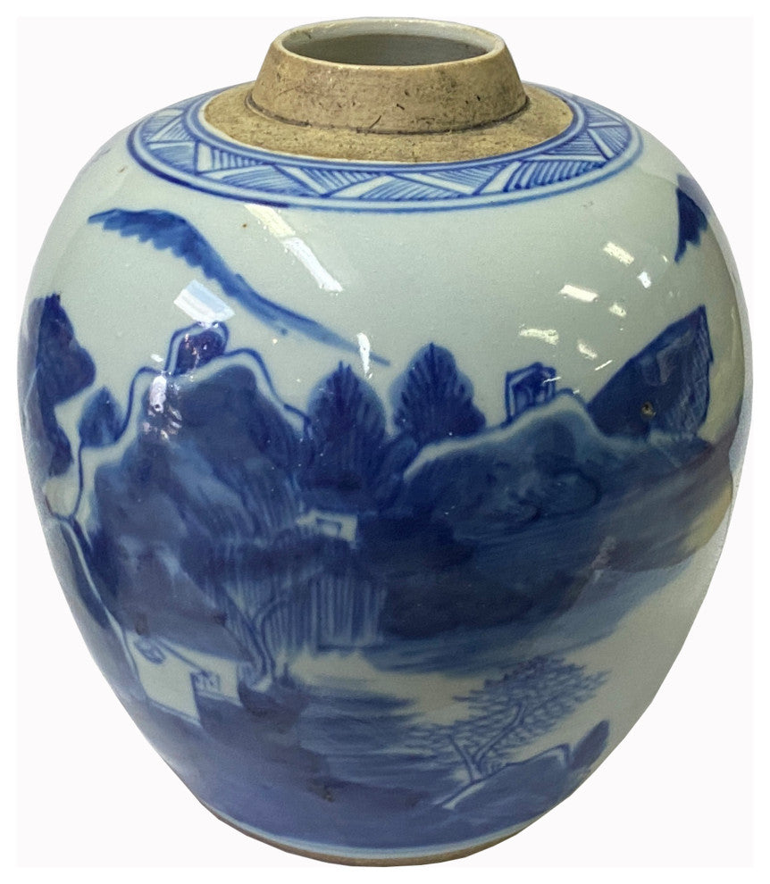 Oriental Handpainted House Tree Small Blue White Porcelain Ginger Jar Hws2315