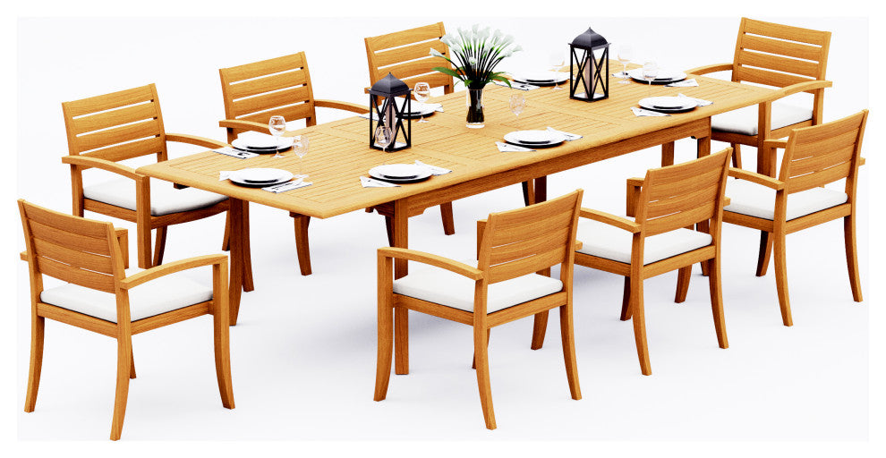9-Piece Outdoor Teak Dining: 117" Rectangle Table, 8 Trav Stacking Arm Chairs