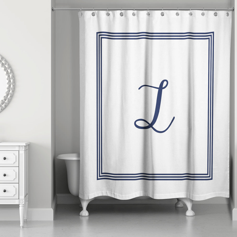 Navy and White Monogrammed Shower Curtain, L