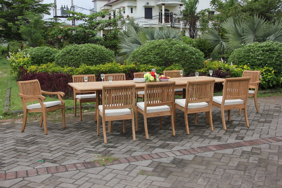 11-Piece Teak Dining Set, 117" Rectangle Table, 10 Arbor Stacking Armless Chairs