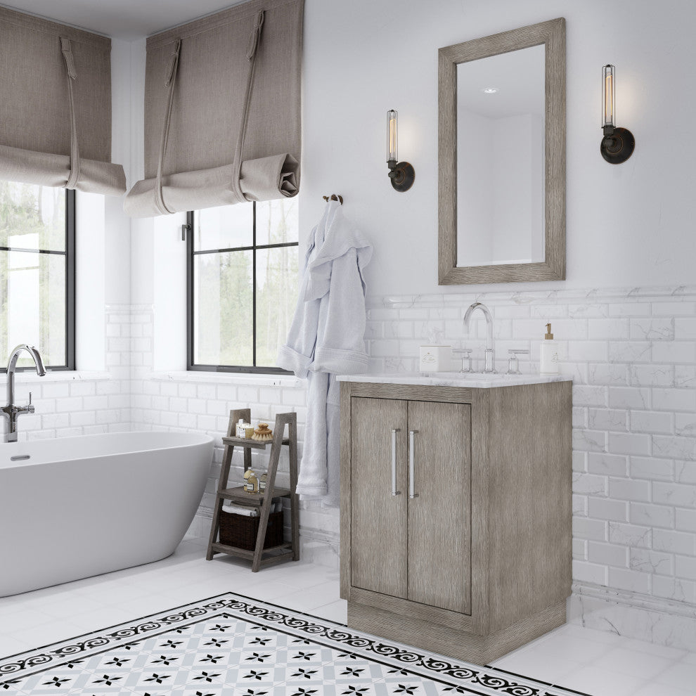 Hugo Carrara White Marble Countertop Vanity in Gray Oak, chrome hardware, 24", Vanity With Gooseneck Faucet