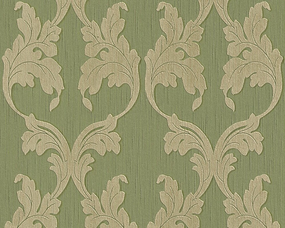 Tessuto, Baroque Fabric Green Wallpaper Roll, Wall Decor Accent
