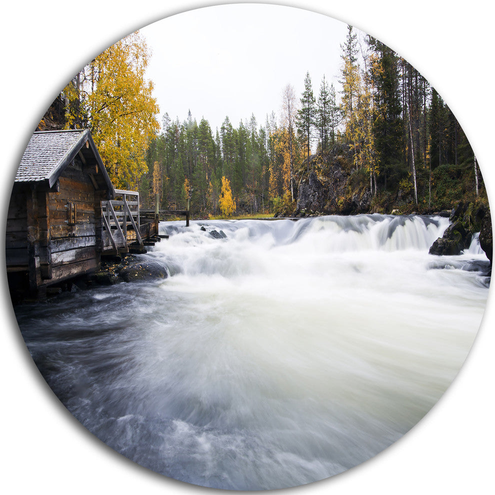 Flowing River And Aged Watermill, Landscape Disc Metal Artwork, 11"