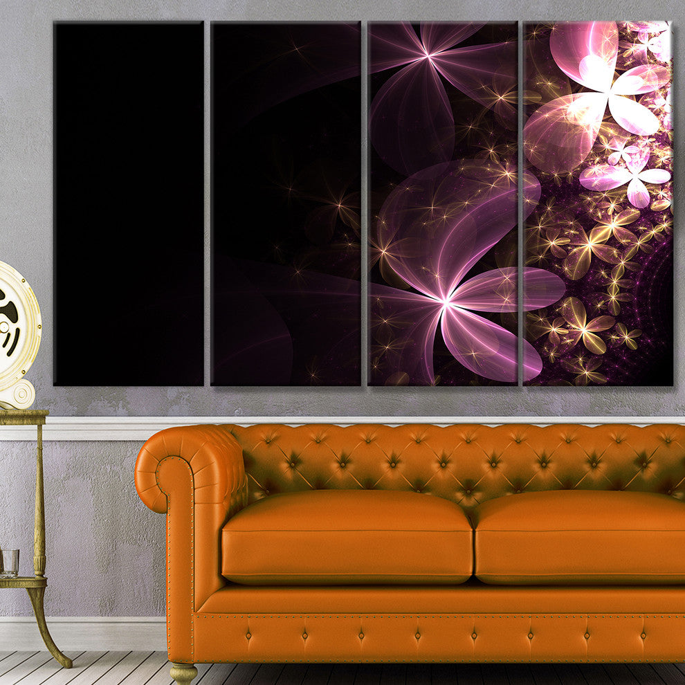 Purple Shiny Fractal Flowers, Abstract Wall Art Canvas, 48"x28", 4 Panels