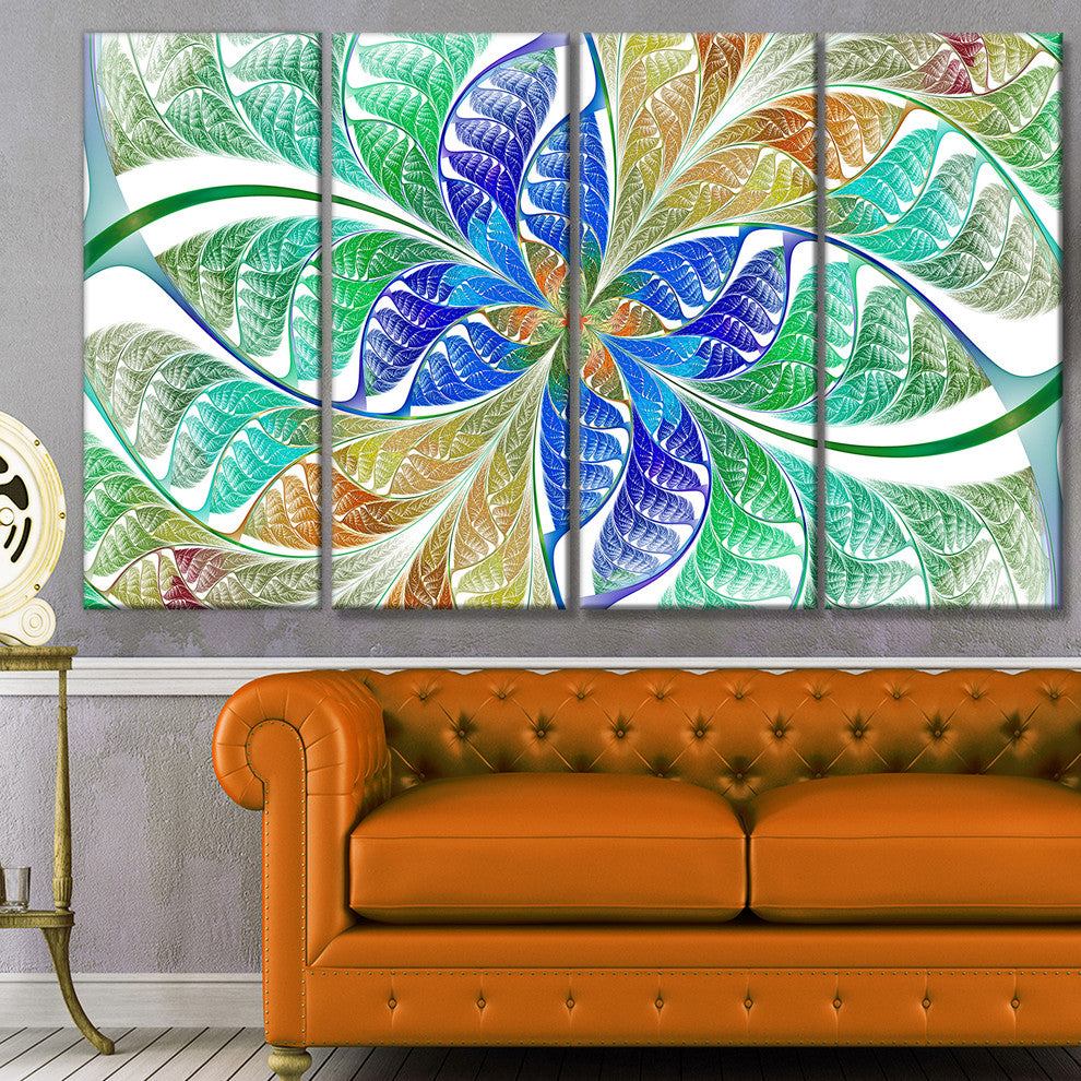 Light Blue Fractal Stained Glass, Abstract Canvas Art Print, 48"x28", 4 Panels