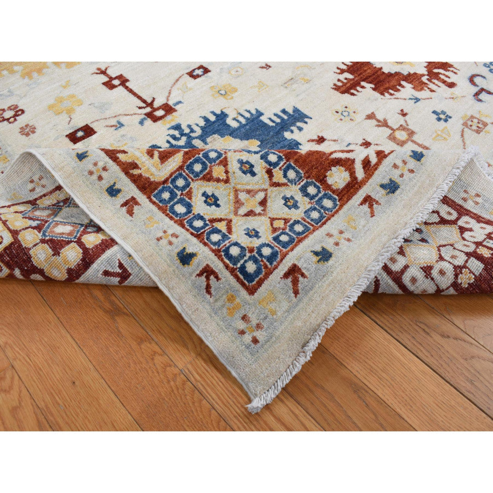Parchment White, Peshawar With Mahal Design, Hand Knotted Wool Rug, 7'9"x9'9"