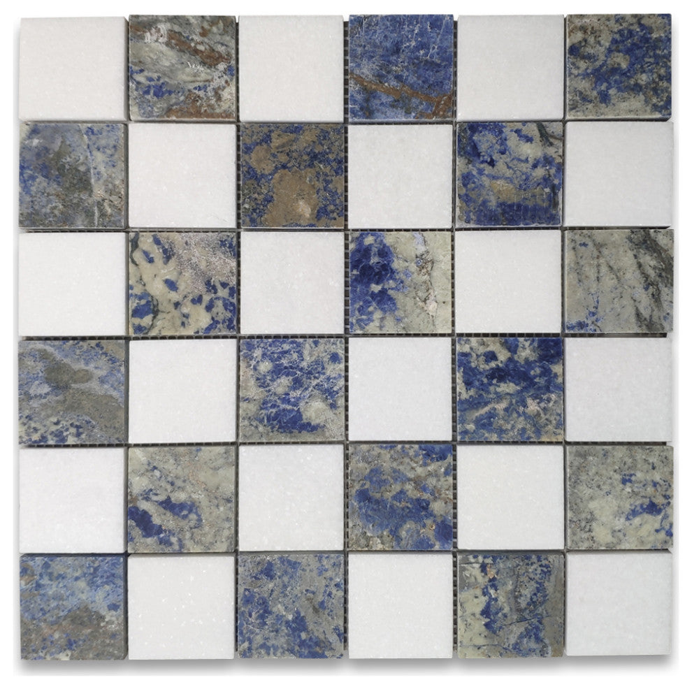 Thassos White Azul Macaubas Blue Marble Checkerboard Mosaic Tile Honed, 1 sheet