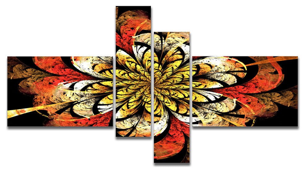 Dark Yellow Orange Fractal Flower, Abstract Wall Art Canvas, 60"x32", 4 panels