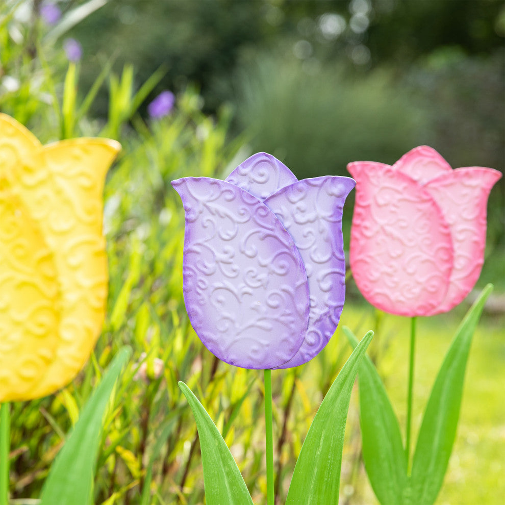24"H Easter Metal Tulips Yard Stake, 3-Piece Set