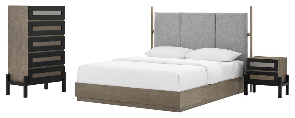 Platform Bed Dresser Chest Nightstand Set, Queen, Brown Oak, Wood, Modern