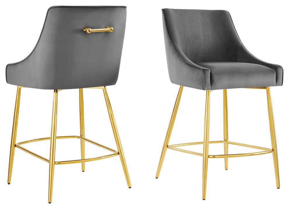 Counter Stool Chair, Set of 2, Gray, Velvet, Modern, Mid Century Lounge
