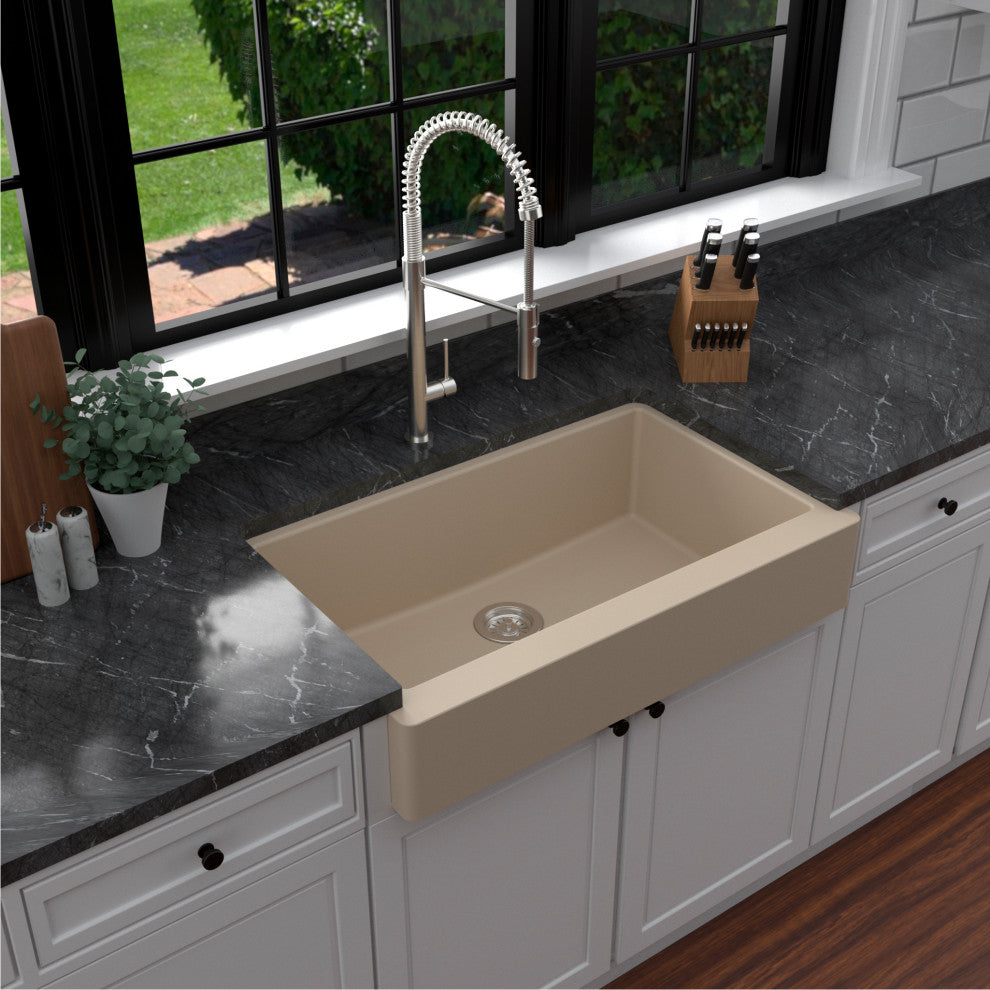 Karran Retrofit Farmhouse Quartz 34" Single Bowl Sink Kit, Bisque