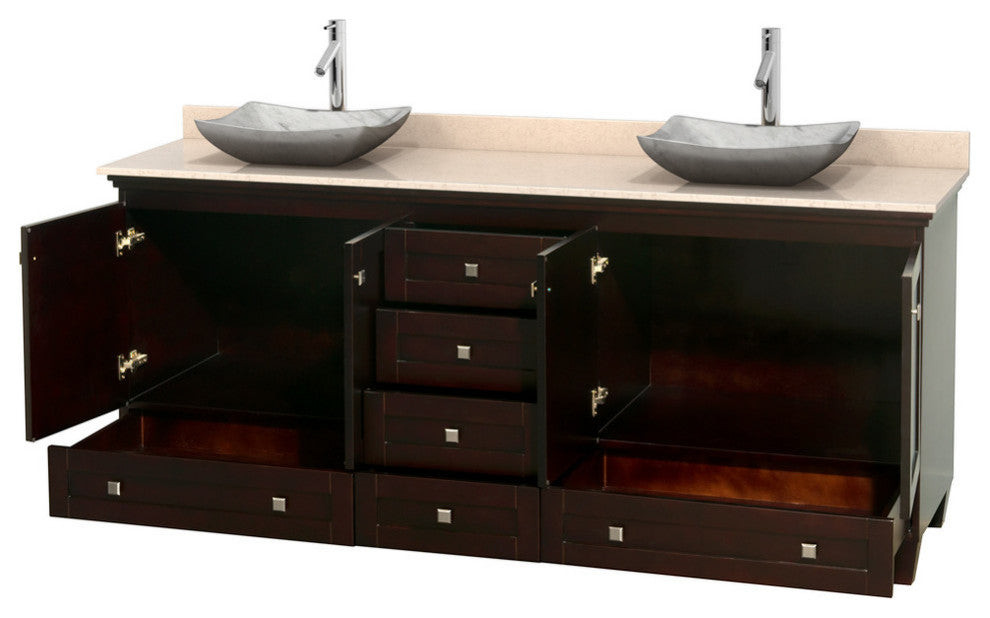 Acclaim Espresso Double Vanity, 80", Avalon White Carrera Marble, Ivory Marble