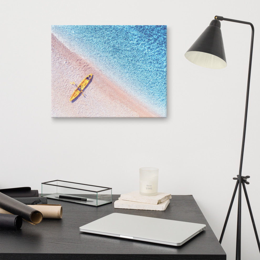 Yellow Canoe and Blue Sea by with Violet Glow Landscape Photo Canvas Art Print, 16" X 20"