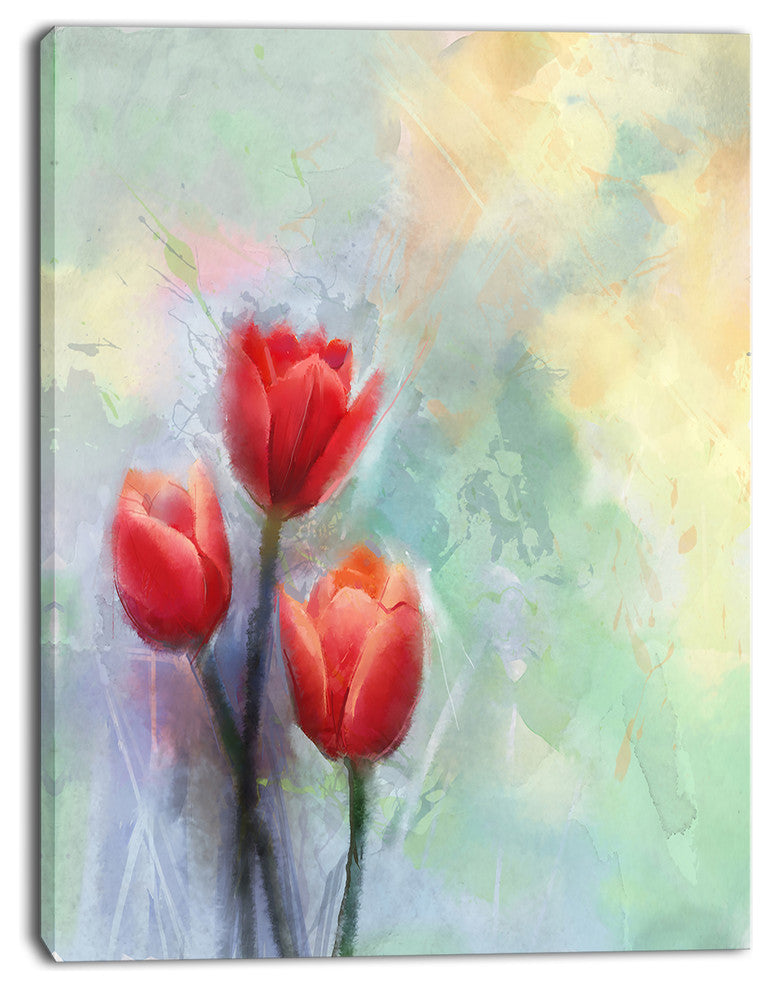Red Tulips on Light Blue Watercolor, Large Floral Canvas Artwork, 12"x20"
