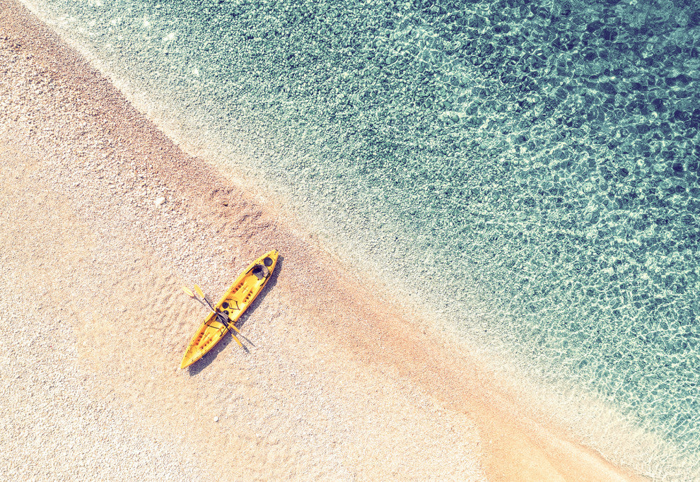 Yellow Canoe and Blue Sea by with Soft Violet Effect Canvas Wall Art Prints, 24" X 36"