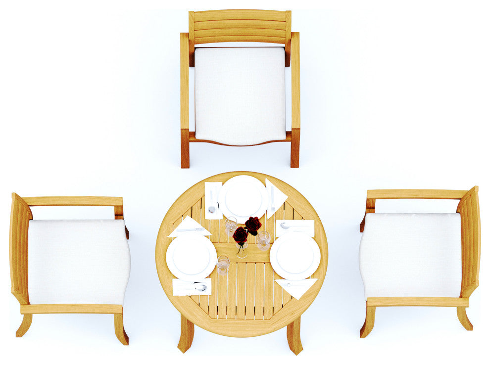 4-Piece Outdoor Teak Dining Set: 36" Round Table, 3 Trav Stacking Arm Chairs