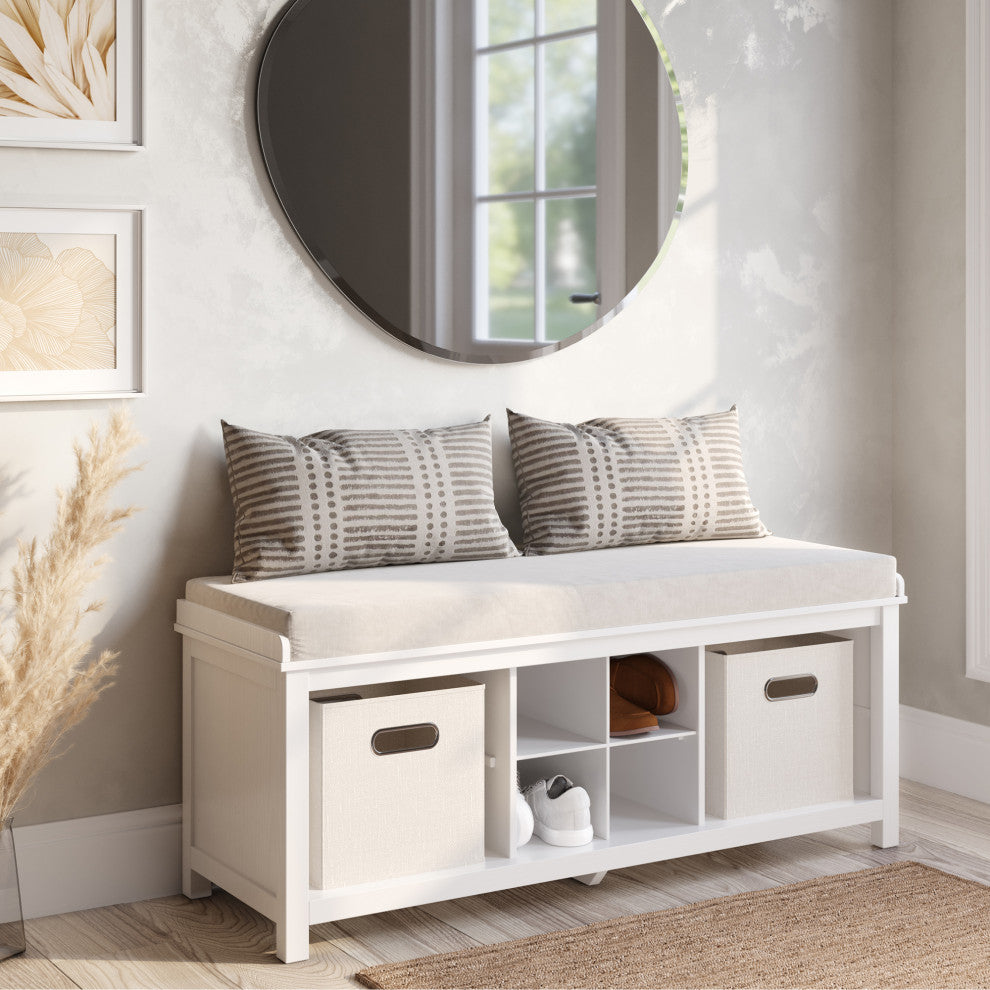 Solid Wood Entry Bench with 2 Bins and 1 Shoe Divider, White