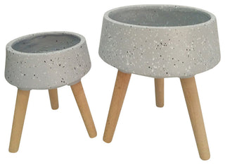 11/15" Terrazzo Planter With Wood Legs, Gray