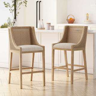 Oneida Rustic Fabric Upholstered Wood and Cane 30 inch Barstools, Set of 2, Beige