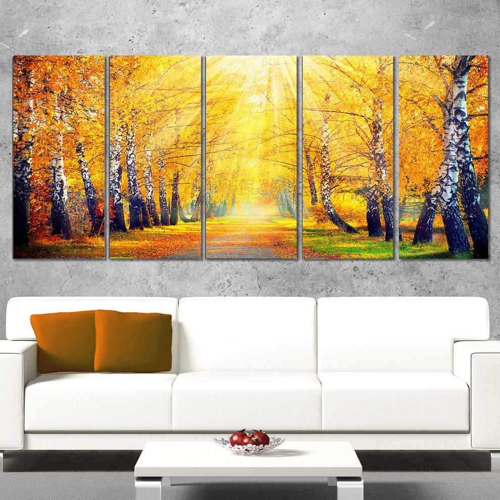 Yellow Autumn Trees in Sunray, Large Landscape Canvas Print, 60"x28", 5 Panels