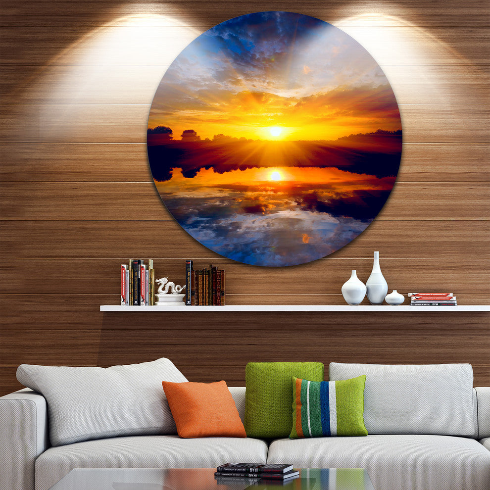 Bright Yellow Sunset Over Lake, Seashore Round Wall Art, 36"