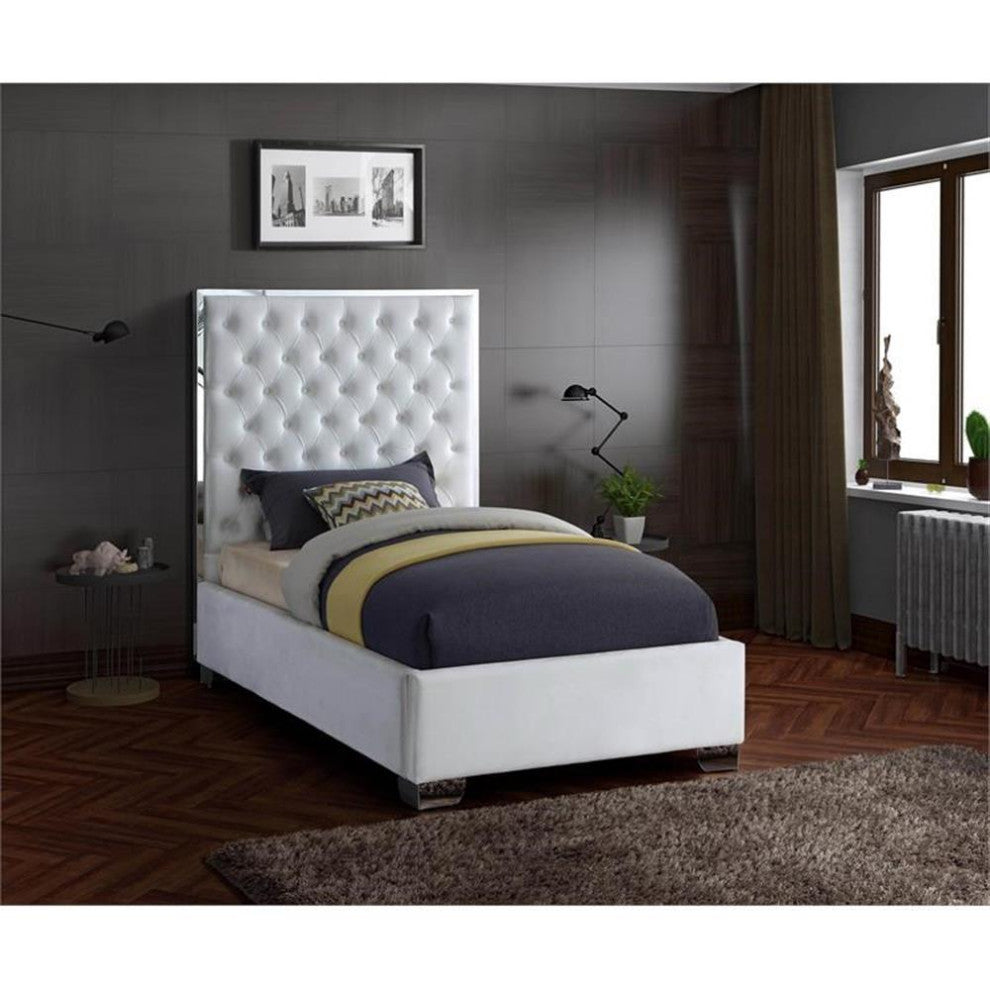 Maklaine 58.5'H x 44'W x 81.5'D Solid Wood and Velvet Twin Bed in White