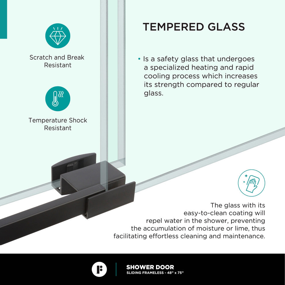 Frameless Clear Sliding Shower Door With Tempered Glass - Shower Bathroom Door, Black, 48" X 75", Single Sliding Door