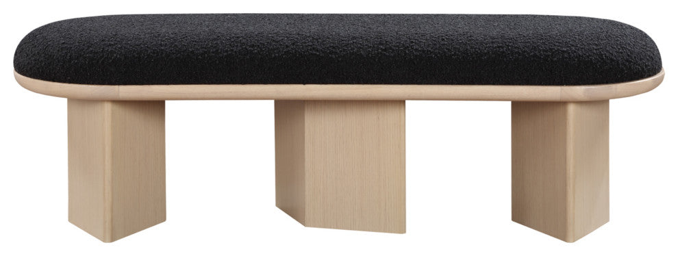 Wilshire Boucle Fabric Upholstered Bench, Black, Natural Oak Finish