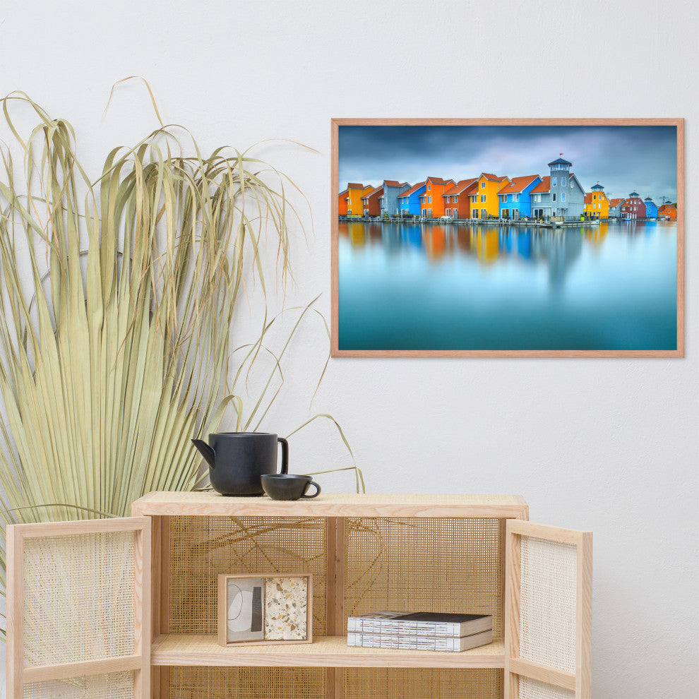 Blue Morning at Waters Edge Landscape Framed Photo Paper Wall Art Prints, Red Oak, 24" X 36"