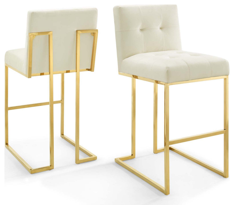 Bar Stool Chair Barstool, Set of 2, Velvet, Gold Ivory White, Pub Cafe Bistro