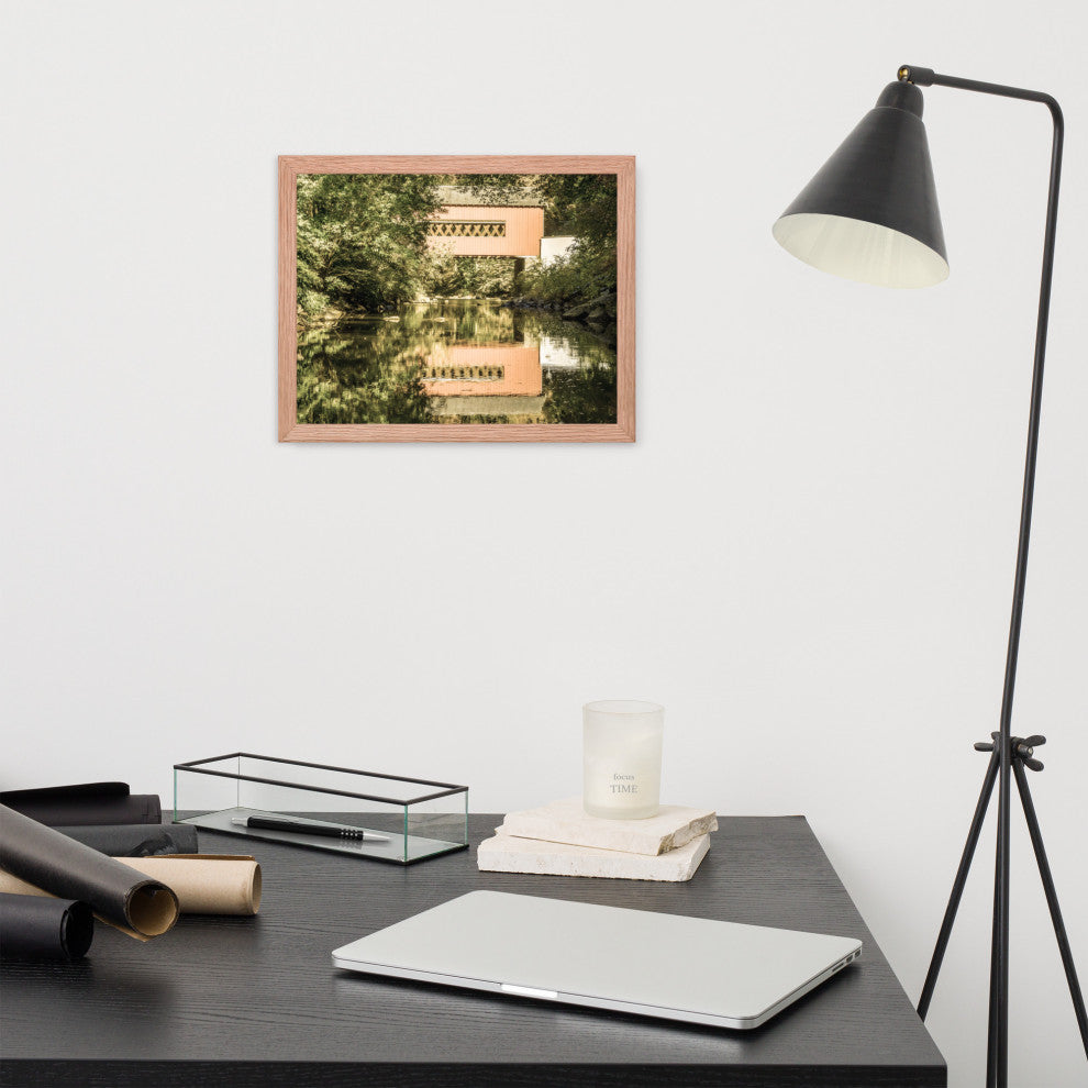 The Reflections of Wooddale Covered Bridge Aged Framed Photo Wall Art Print, Red Oak, 11" X 14"