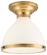 Randolph, One Light Semi Flush, Aged Brass Finish, Opal Glossy Glass Shade