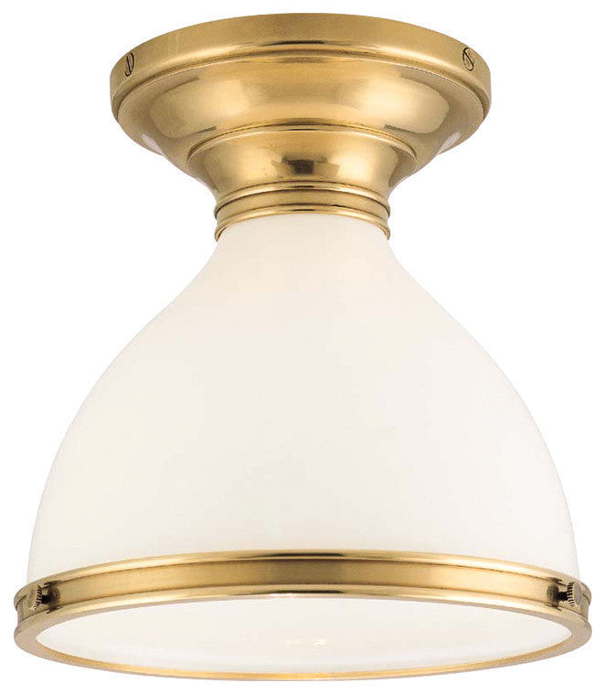 Randolph, One Light Semi Flush, Aged Brass Finish, Opal Glossy Glass Shade