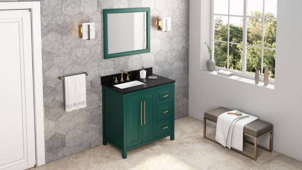 Cade Transitional 36" Forest Green Left Offset Sink Vanity, Black Granite Vanity
