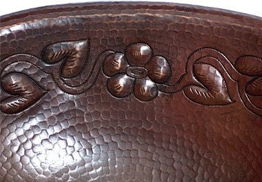 Hammered Oval Flowers Bathroom Copper Sink