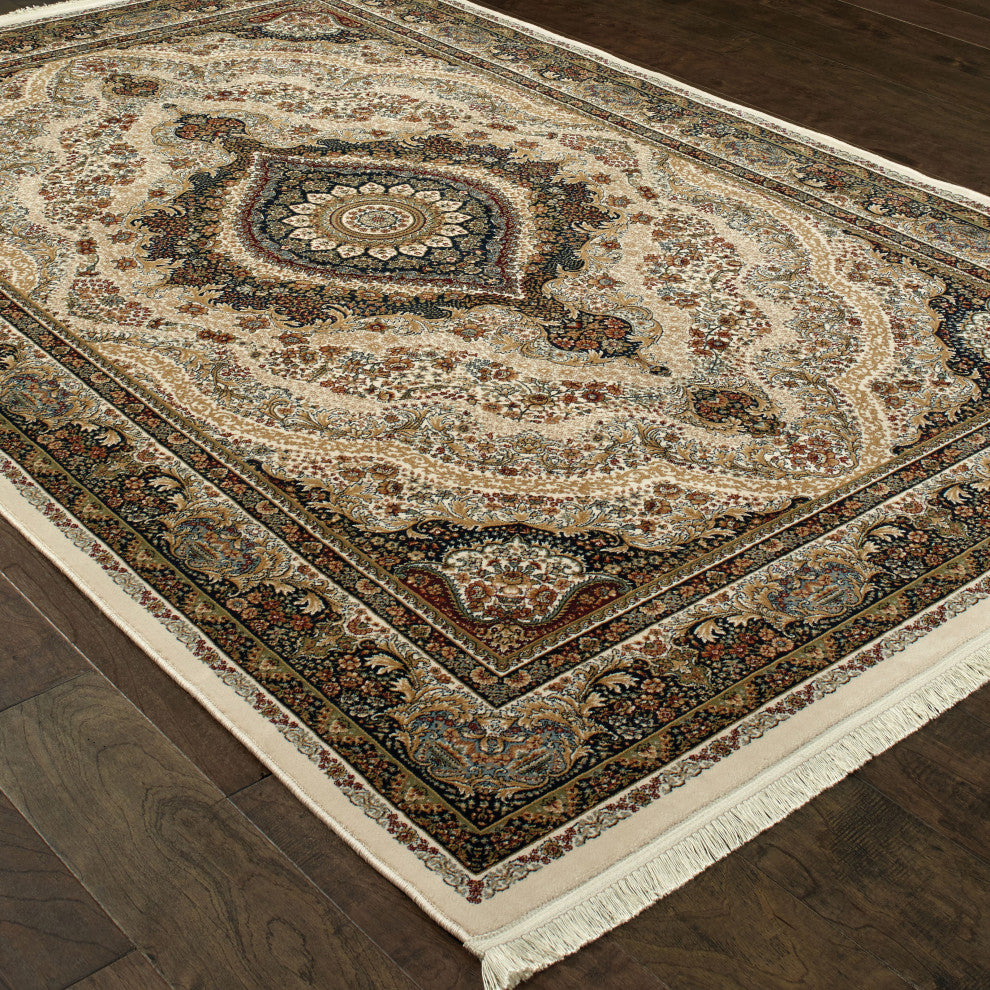 Mackenzie Traditional Medallion Ivory/ Multi Fringed Area Rug, 9'10"X12'10"